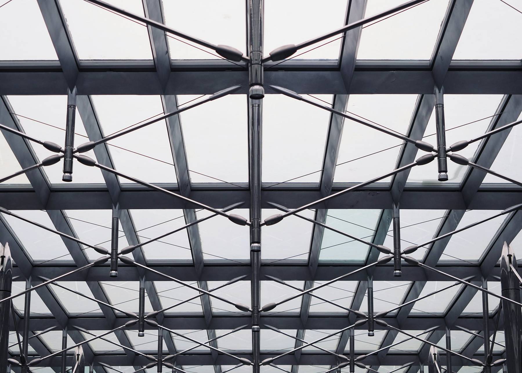 Steel roof trusses and purlins seen from below