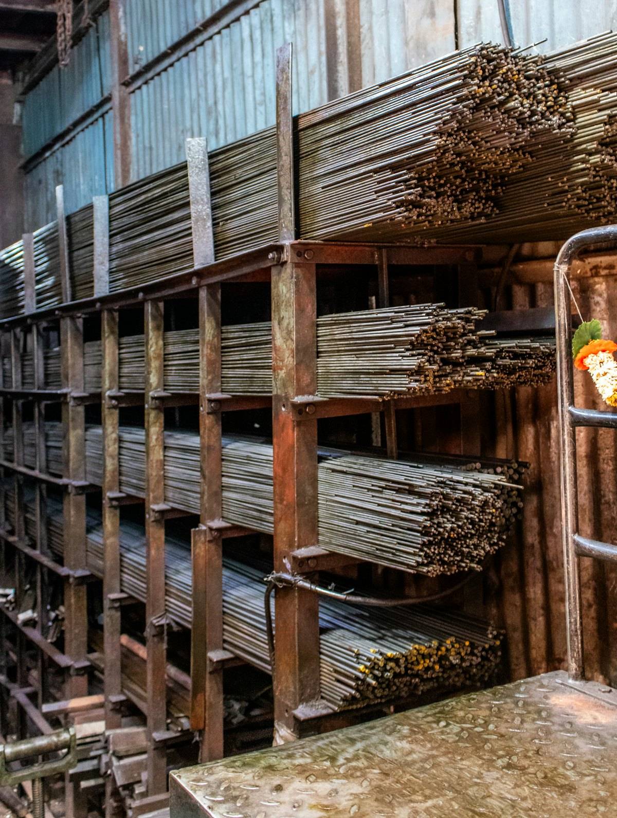Racks of steel bar and section stock